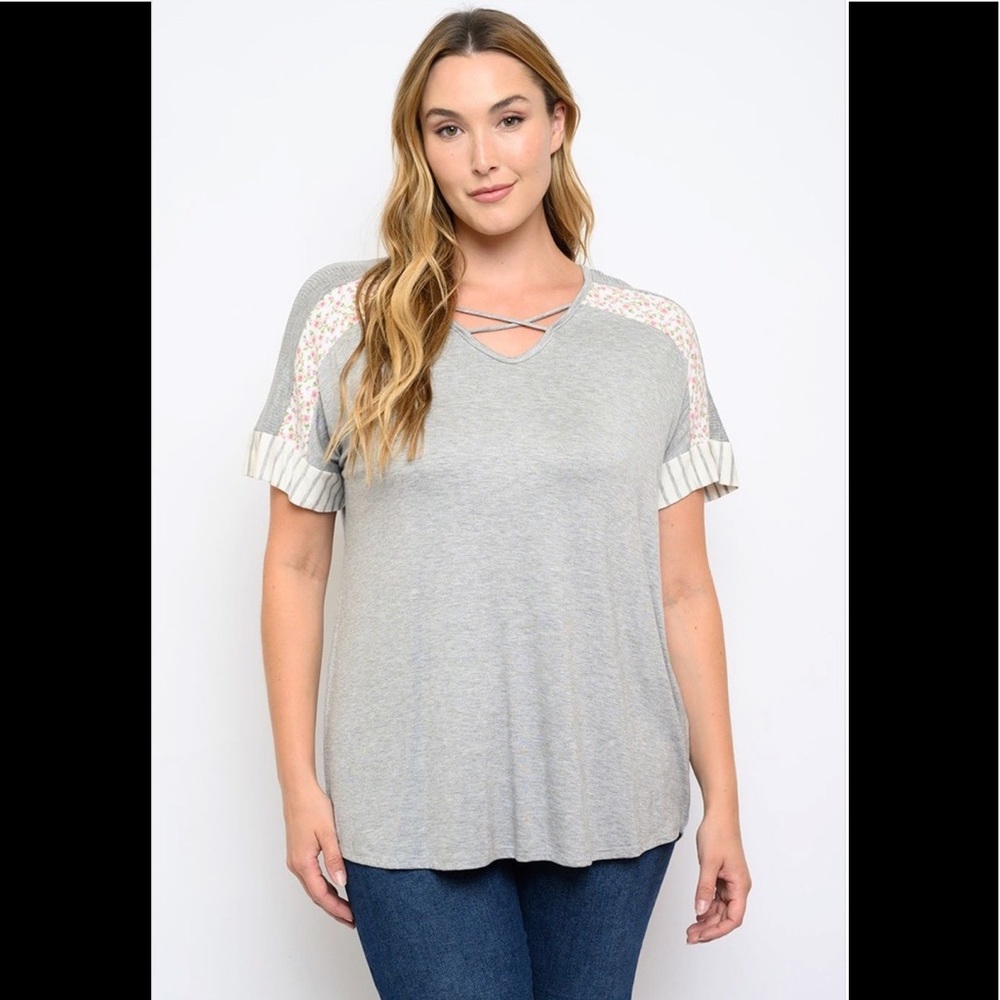 Plus Size Floral and Striped Contrast Top - Grey